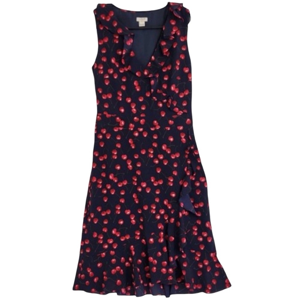 J.Crew Cherries Print Ruffle Wrap Dress Size 14 Black/Red Coquette Dark Romantic - Picture 2 of 8